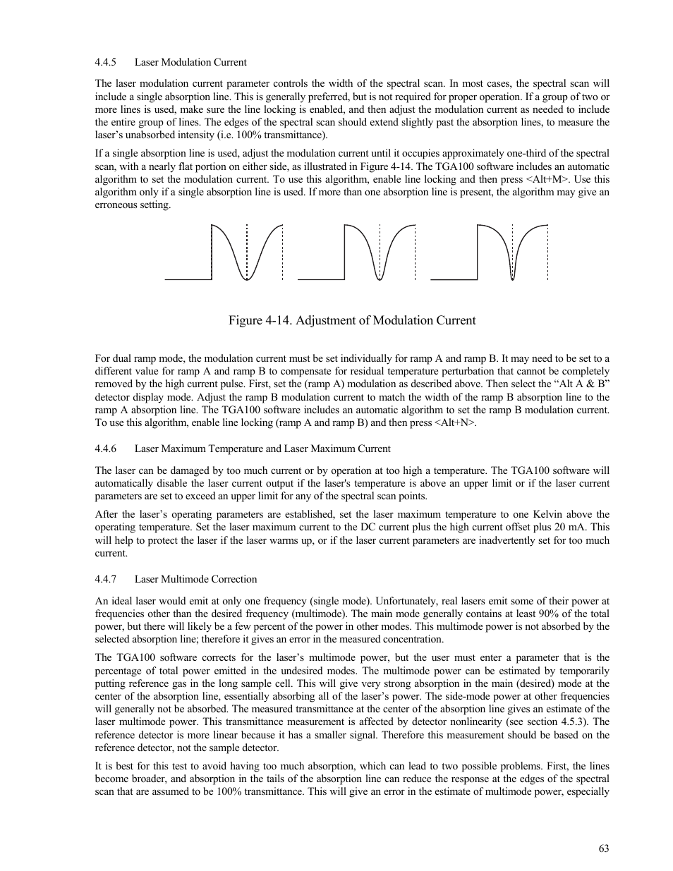 Laser modulation current, Laser multimode correction, Laser modulation current 63 | On 4.4.5, Ation current (see section 4.4.5) a | Campbell Scientific TGA100 Trace Gas Analyzer Manual User Manual | Page 63 / 115