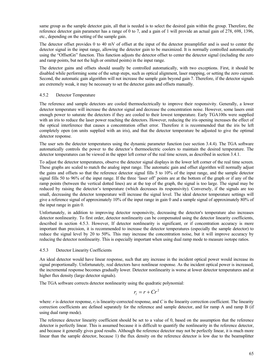 Detector temperature, Detector linearity coefficients, Detector temperature 65 | Detector linearity coefficients 65, On 4.5.2), On 4.5.2). if adjust | Campbell Scientific TGA100 Trace Gas Analyzer Manual User Manual | Page 65 / 115