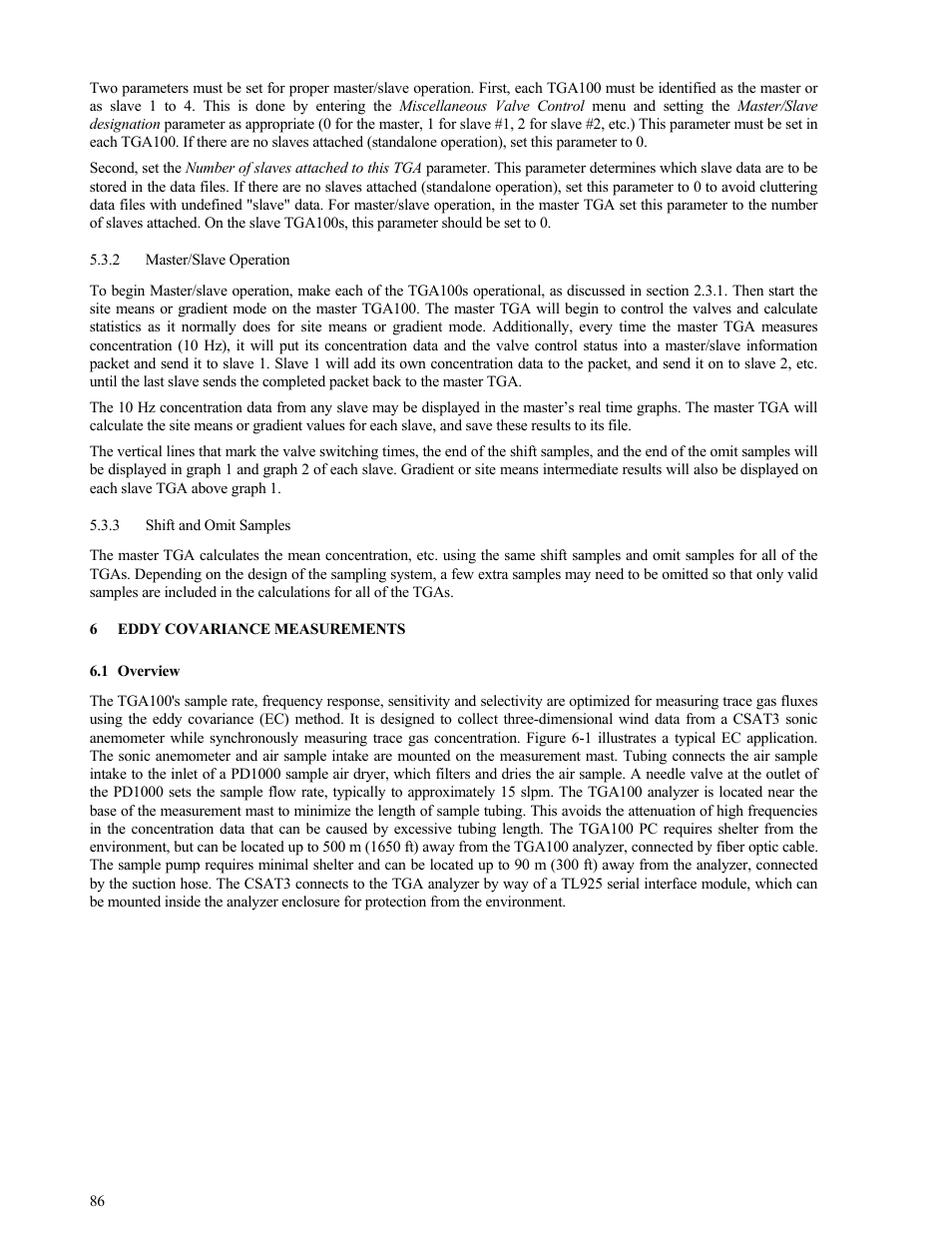 Master/slave operation, Shift and omit samples, Eddy covariance measurements | Overview, 6 eddy covariance measurements 86, Overview 86 | Campbell Scientific TGA100 Trace Gas Analyzer Manual User Manual | Page 86 / 115