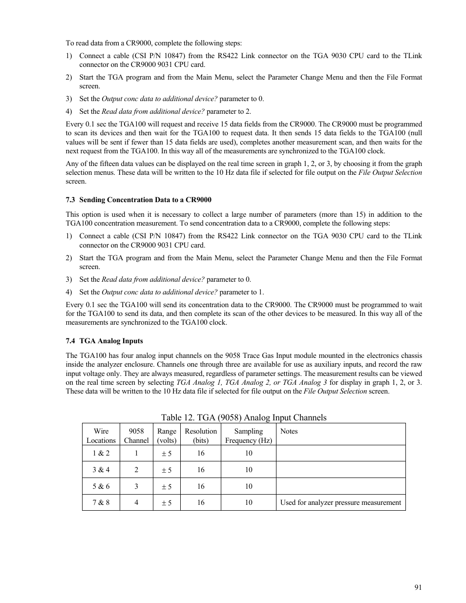Sending concentration data to a cr9000, Tga analog inputs, Sending concentration data to a cr9000 91 | Tga analog inputs 91 | Campbell Scientific TGA100 Trace Gas Analyzer Manual User Manual | Page 91 / 115