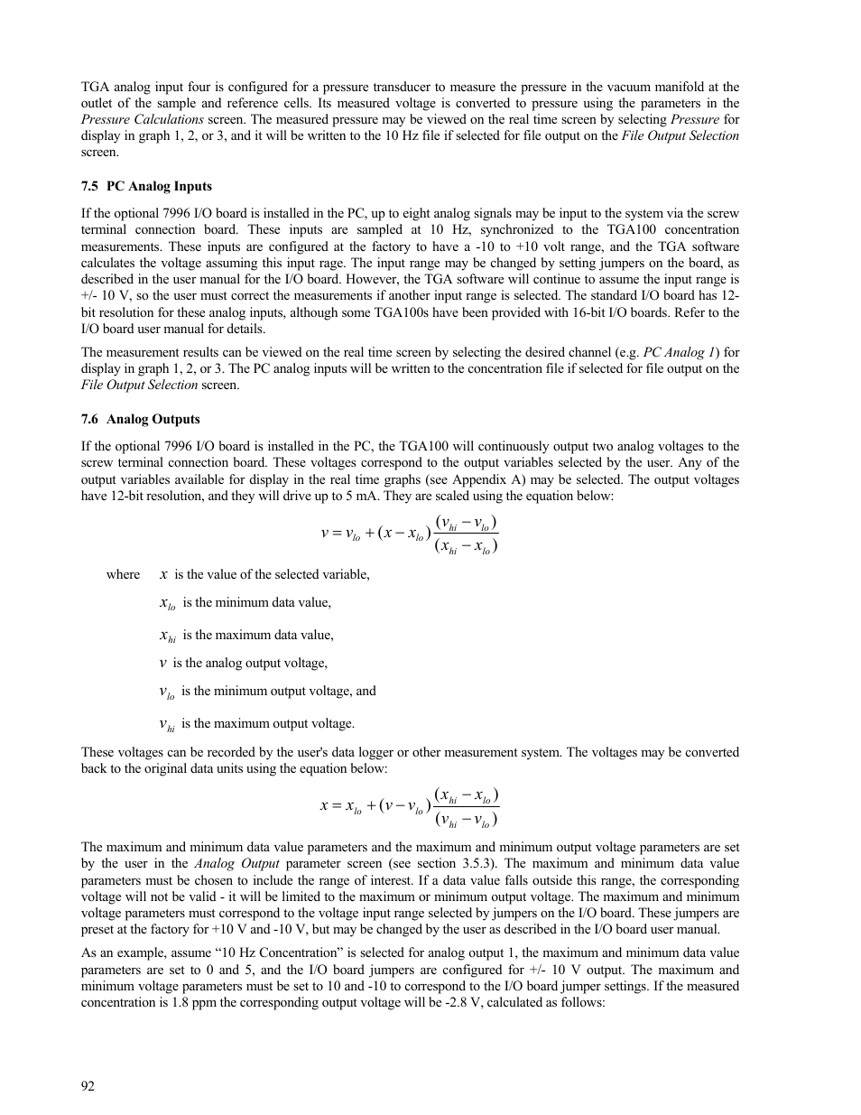 Pc analog inputs, Analog outputs, Analog outputs 92 | Campbell Scientific TGA100 Trace Gas Analyzer Manual User Manual | Page 92 / 115