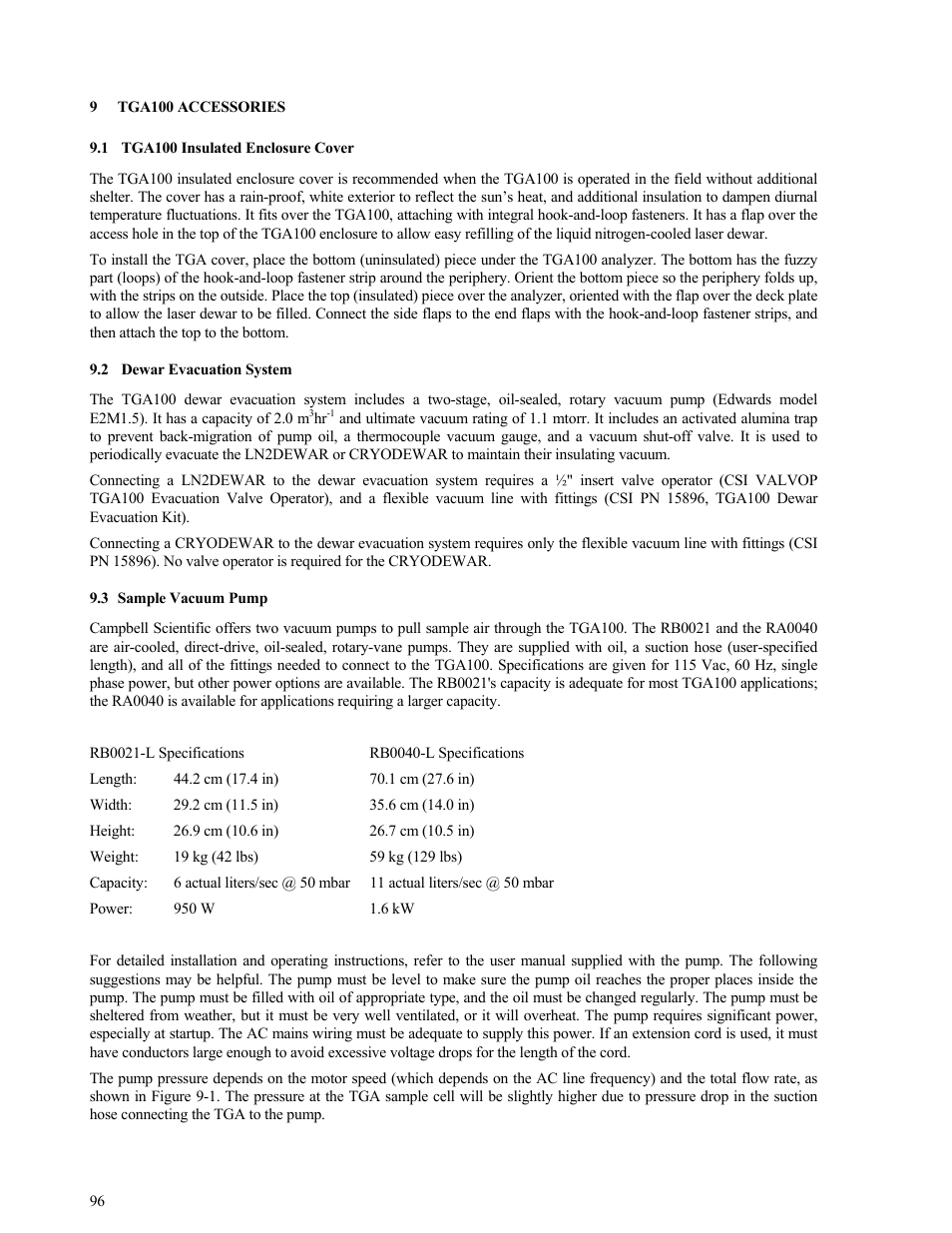 Tga100 accessories, Tga100 insulated enclosure cover, Dewar evacuation system | Sample vacuum pump, 9 tga100 accessories 96, Tga100 insulated enclosure cover 96, Sample vacuum pump 96, On 9.3). if t | Campbell Scientific TGA100 Trace Gas Analyzer Manual User Manual | Page 96 / 115