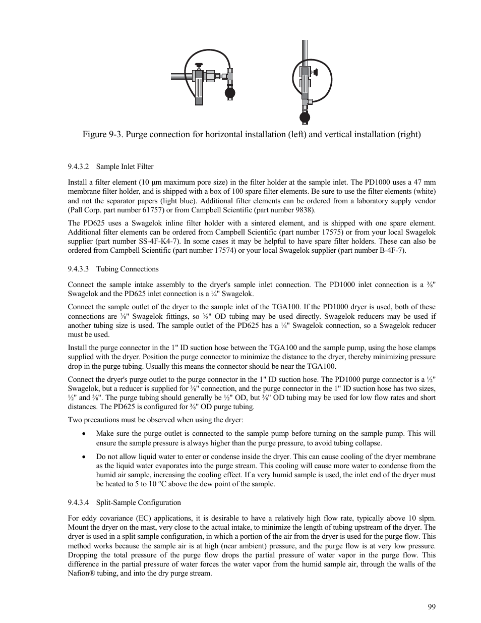 Sample inlet filter, Tubing connections, Split-sample configuration | Figure 9-3 | Campbell Scientific TGA100 Trace Gas Analyzer Manual User Manual | Page 99 / 115
