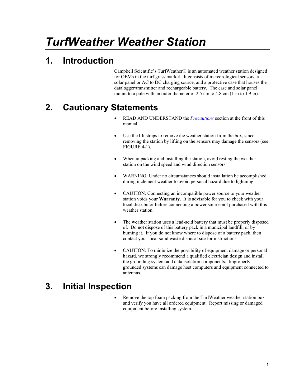 Introduction, Cautionary statements, Initial inspection | Turfweather weather station | Campbell Scientific TurfWeather Weather Station User Manual | Page 11 / 76