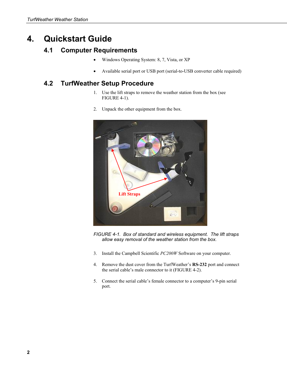 Quickstart guide, 1 computer requirements, 2 turfweather setup procedure | Computer requirements, Turfweather setup procedure, Easy removal of the weather station from the box | Campbell Scientific TurfWeather Weather Station User Manual | Page 12 / 76