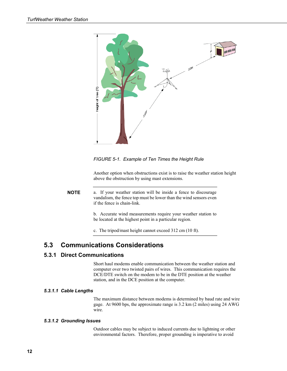 3 communications considerations, 1 direct communications, 1 cable lengths | 2 grounding issues, Communications considerations, Direct communications, Cable lengths, Grounding issues, 1. example of ten times the height rule, Figure 5-1 | Campbell Scientific TurfWeather Weather Station User Manual | Page 22 / 76