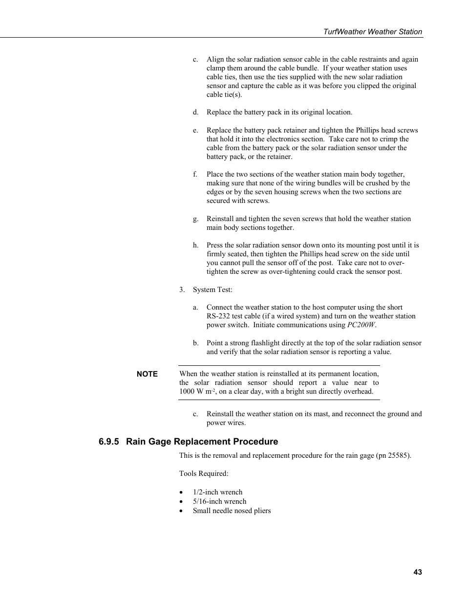 5 rain gage replacement procedure, Rain gage replacement procedure | Campbell Scientific TurfWeather Weather Station User Manual | Page 53 / 76