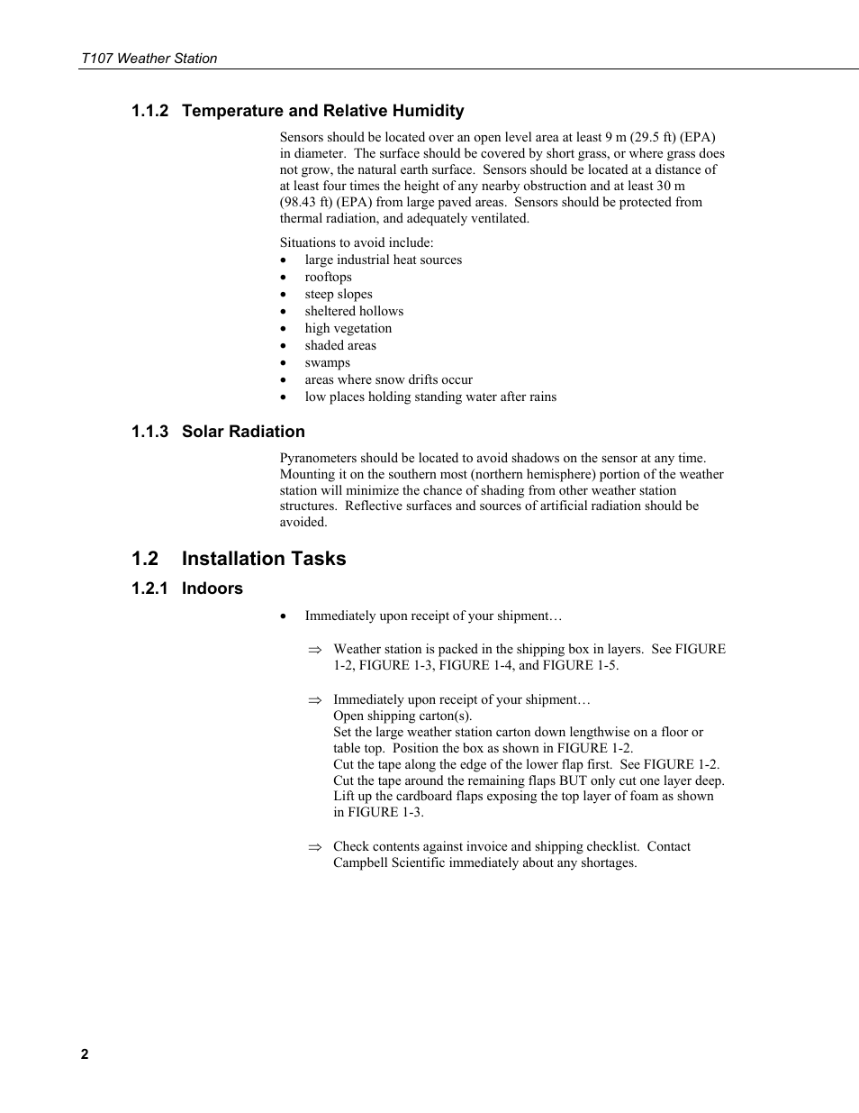 2 temperature and relative humidity, 3 solar radiation, 2 installation tasks | 1 indoors, Temperature and relative humidity, Solar radiation, Installation tasks, Indoors | Campbell Scientific T.Weather T107 Toro Weather Station User Manual | Page 10 / 106