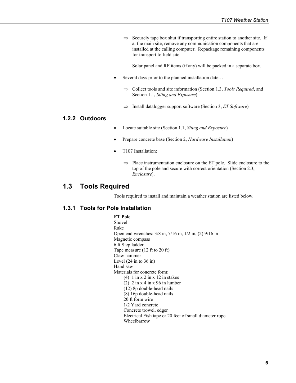 2 outdoors, 3 tools required, 1 tools for pole installation | Outdoors, Tools required, Tools for pole installation | Campbell Scientific T.Weather T107 Toro Weather Station User Manual | Page 13 / 106