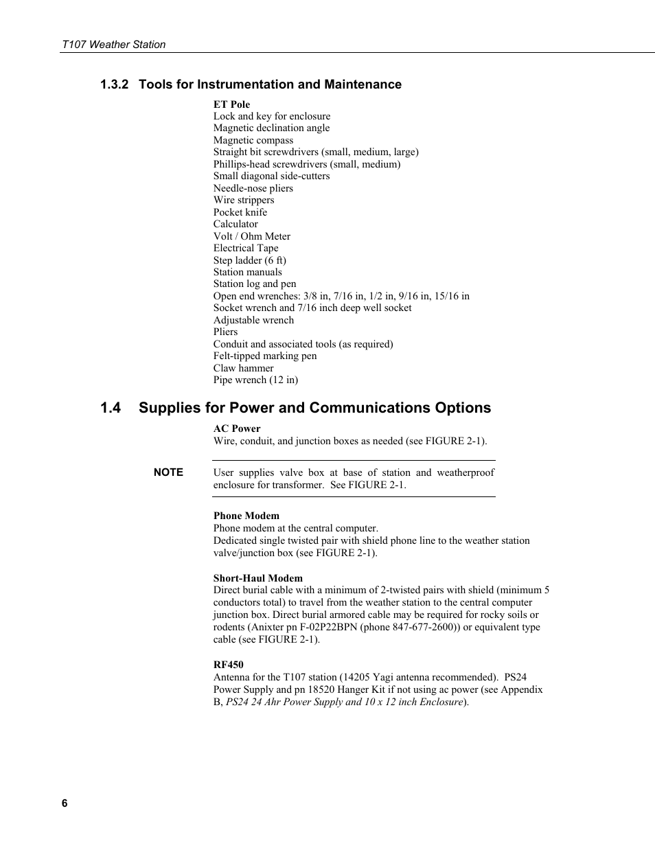 2 tools for instrumentation and maintenance, 4 supplies for power and communications options, Tools for instrumentation and maintenance | Supplies for power and communications options | Campbell Scientific T.Weather T107 Toro Weather Station User Manual | Page 14 / 106