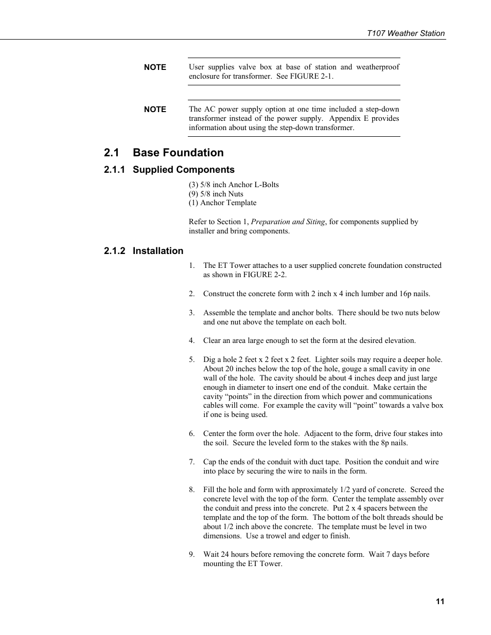 1 base foundation, 1 supplied components, 2 installation | Base foundation, Supplied components, Installation | Campbell Scientific T.Weather T107 Toro Weather Station User Manual | Page 19 / 106