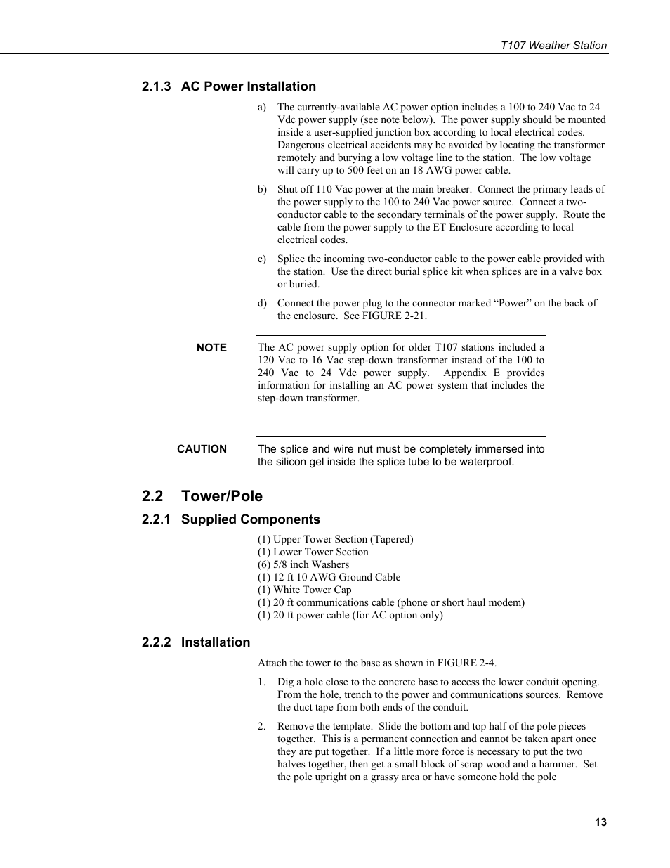 3 ac power installation, 2 tower/pole, 1 supplied components | 2 installation, Ac power installation, Tower/pole, Supplied components, Installation | Campbell Scientific T.Weather T107 Toro Weather Station User Manual | Page 21 / 106