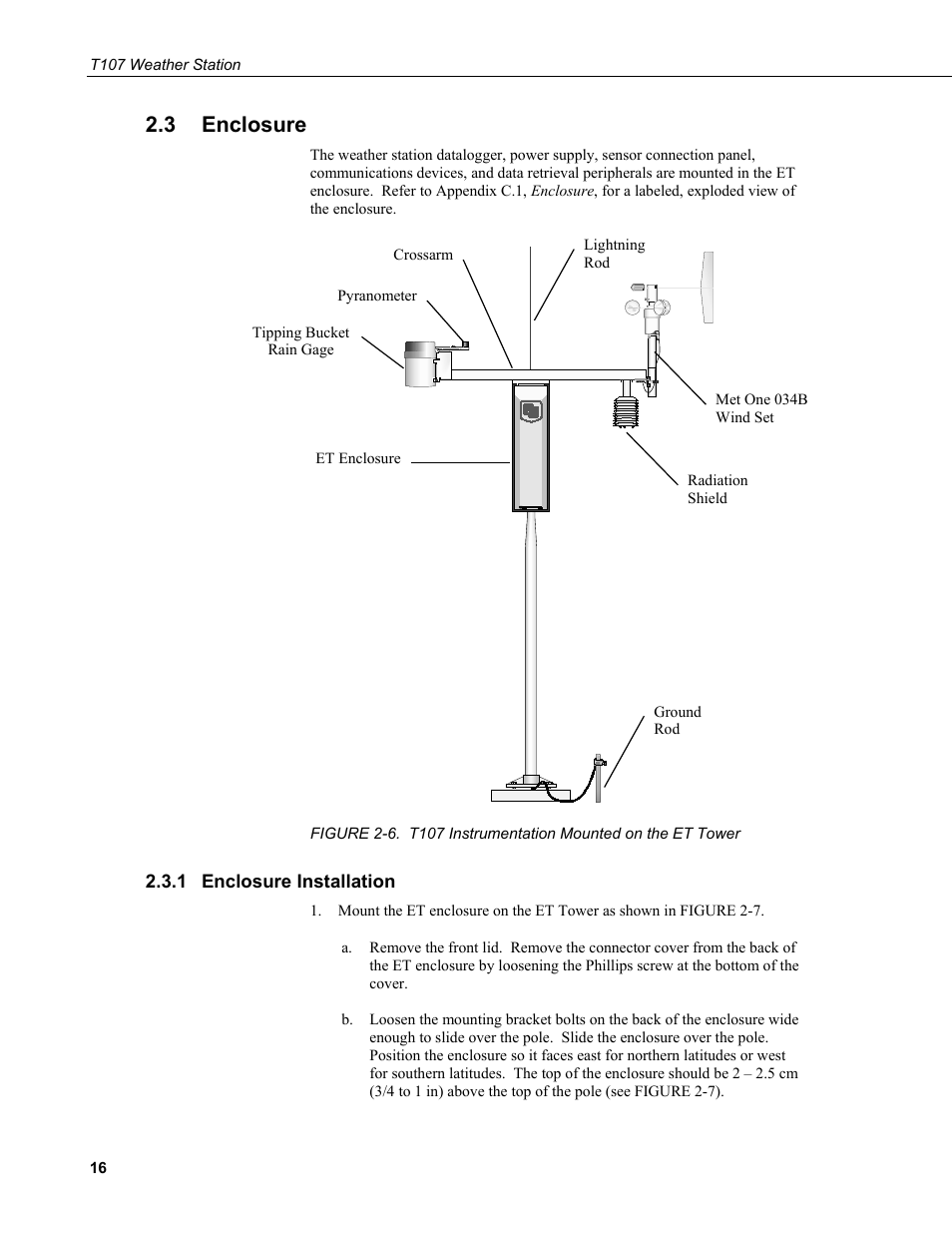 3 enclosure, 1 enclosure installation, Enclosure | Enclosure installation, 6. t107 instrumentation mounted on the et tower, N 2.3 | Campbell Scientific T.Weather T107 Toro Weather Station User Manual | Page 24 / 106