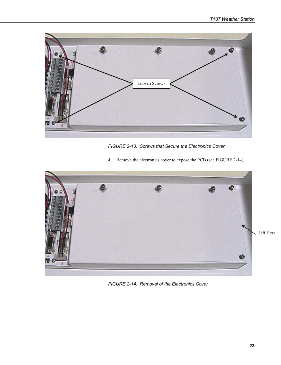 13. screws that secure the electronics cover, 14. removal of the electronics cover, N figure | Campbell Scientific T.Weather T107 Toro Weather Station User Manual | Page 31 / 106