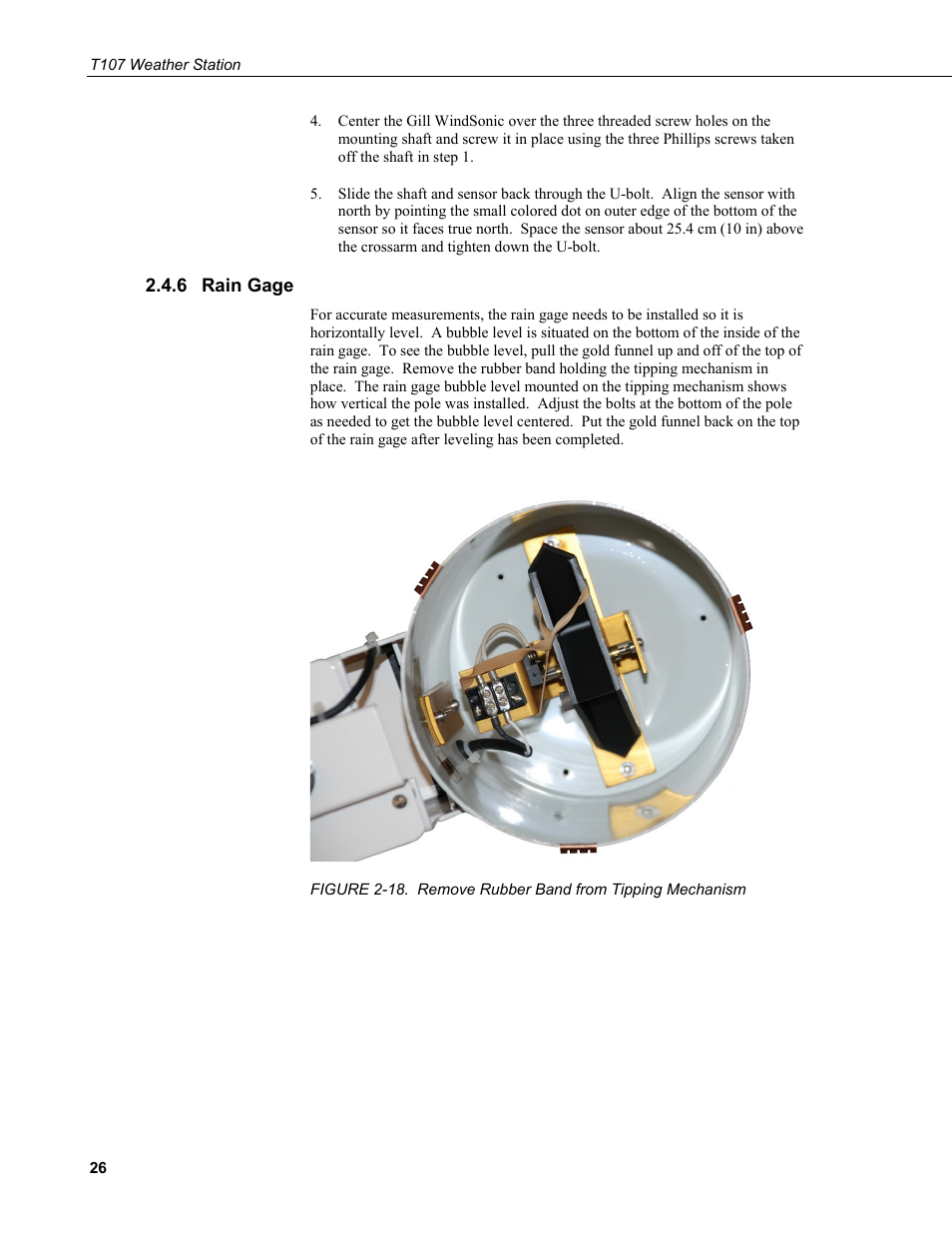 6 rain gage, Rain gage, 18. remove rubber band from tipping mechanism | Campbell Scientific T.Weather T107 Toro Weather Station User Manual | Page 34 / 106