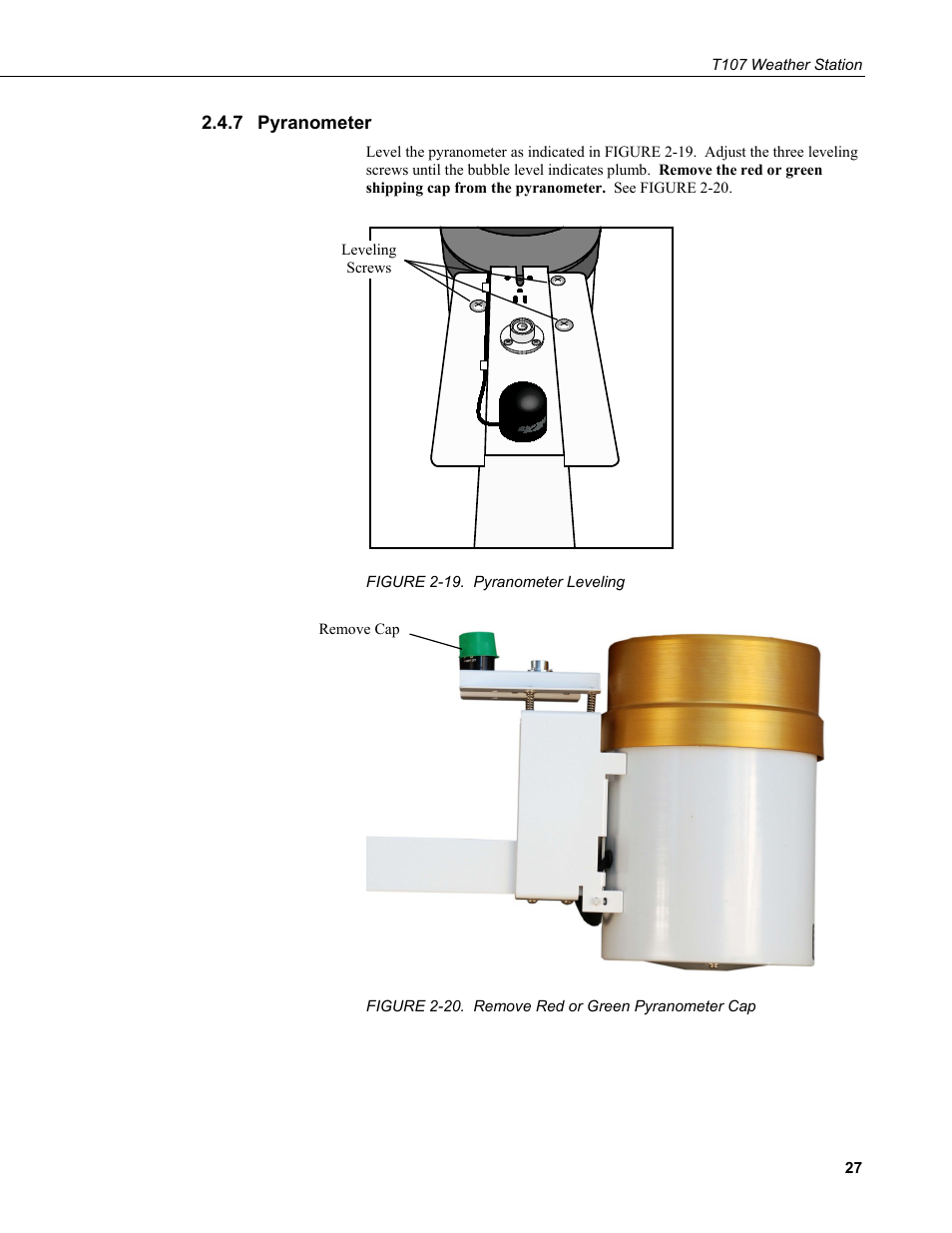 7 pyranometer, Pyranometer, 19. pyranometer leveling | 20. remove red or green pyranometer cap | Campbell Scientific T.Weather T107 Toro Weather Station User Manual | Page 35 / 106