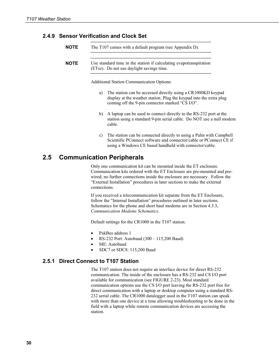 9 sensor verification and clock set, 5 communication peripherals, 1 direct connect to t107 station | Sensor verification and clock set, Communication peripherals, Direct connect to t107 station | Campbell Scientific T.Weather T107 Toro Weather Station User Manual | Page 38 / 106