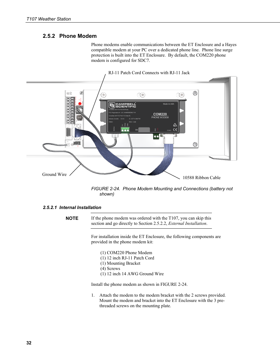 2 phone modem, 1 internal installation, Phone modem | Internal installation | Campbell Scientific T.Weather T107 Toro Weather Station User Manual | Page 40 / 106