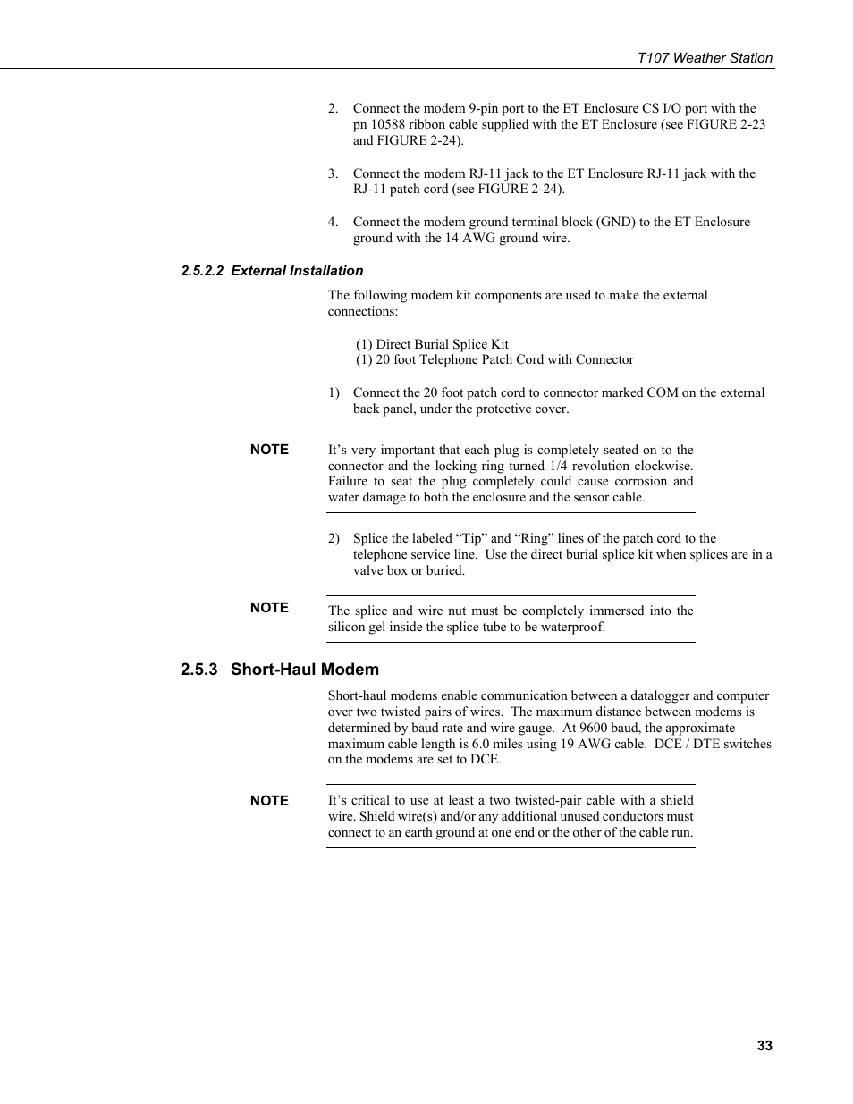2 external installation, 3 short-haul modem, External installation | Short-haul modem | Campbell Scientific T.Weather T107 Toro Weather Station User Manual | Page 41 / 106