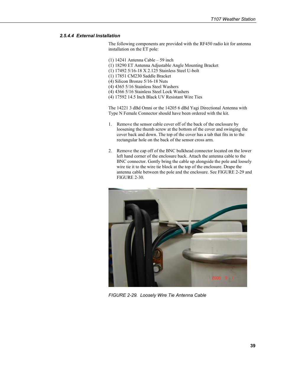 4 external installation, External installation, 29. loosely wire tie antenna cable | Campbell Scientific T.Weather T107 Toro Weather Station User Manual | Page 47 / 106