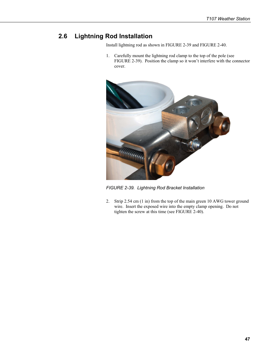6 lightning rod installation, Lightning rod installation, 39. lightning rod bracket installation | Campbell Scientific T.Weather T107 Toro Weather Station User Manual | Page 55 / 106