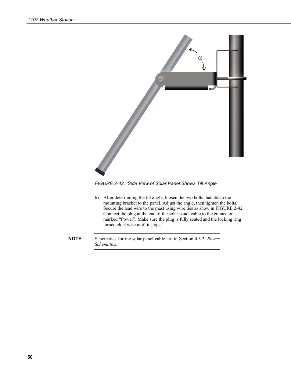 42. side view of solar panel shows tilt angle | Campbell Scientific T.Weather T107 Toro Weather Station User Manual | Page 58 / 106