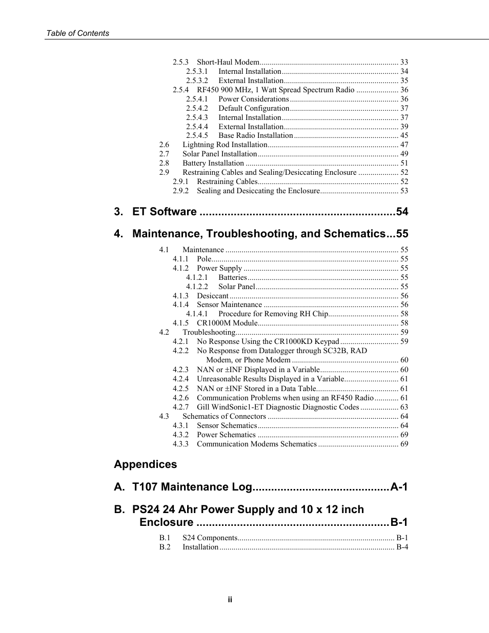 Et software, Maintenance, troubleshooting, and schematics, Appendices a | Campbell Scientific T.Weather T107 Toro Weather Station User Manual | Page 6 / 106