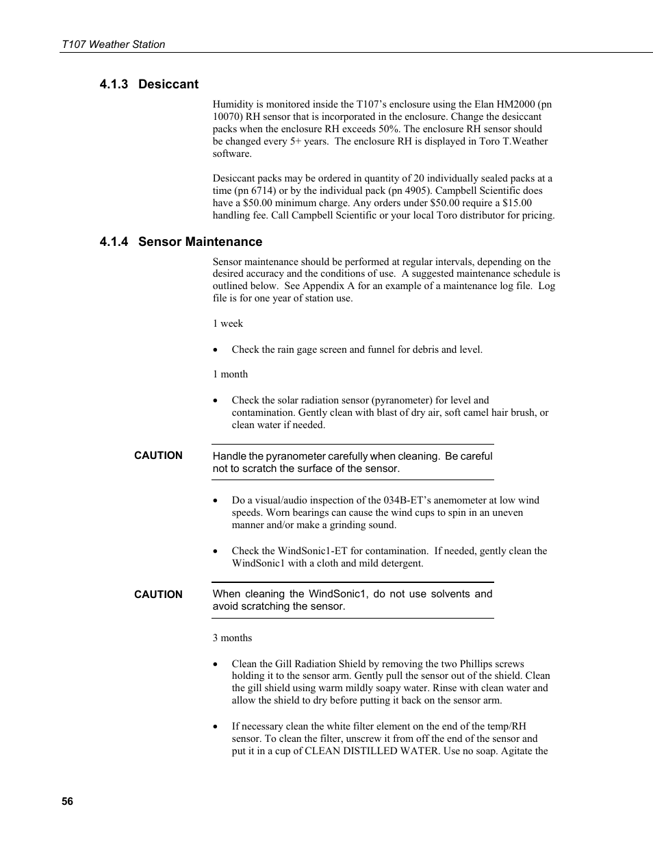 3 desiccant, 4 sensor maintenance, Desiccant | Sensor maintenance | Campbell Scientific T.Weather T107 Toro Weather Station User Manual | Page 64 / 106