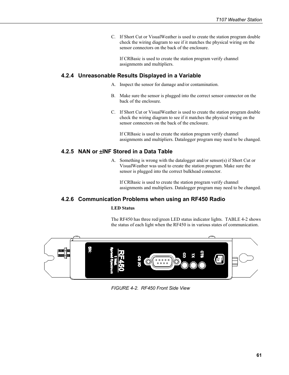 4 unreasonable results displayed in a variable, 5 nan or (inf stored in a data table, 6 communication problems when using an rf450 radio | Unreasonable results displayed in a variable, Nan or ±inf stored in a data table, Communication problems when using an rf450 radio, 2. rf450 front side view | Campbell Scientific T.Weather T107 Toro Weather Station User Manual | Page 69 / 106