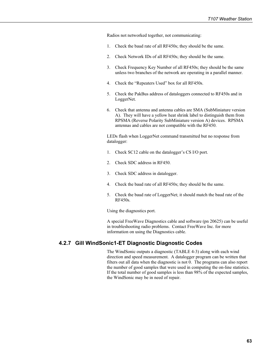 7 gill windsonic1-et diagnostic diagnostic codes, Gill windsonic1-et diagnostic diagnostic codes | Campbell Scientific T.Weather T107 Toro Weather Station User Manual | Page 71 / 106