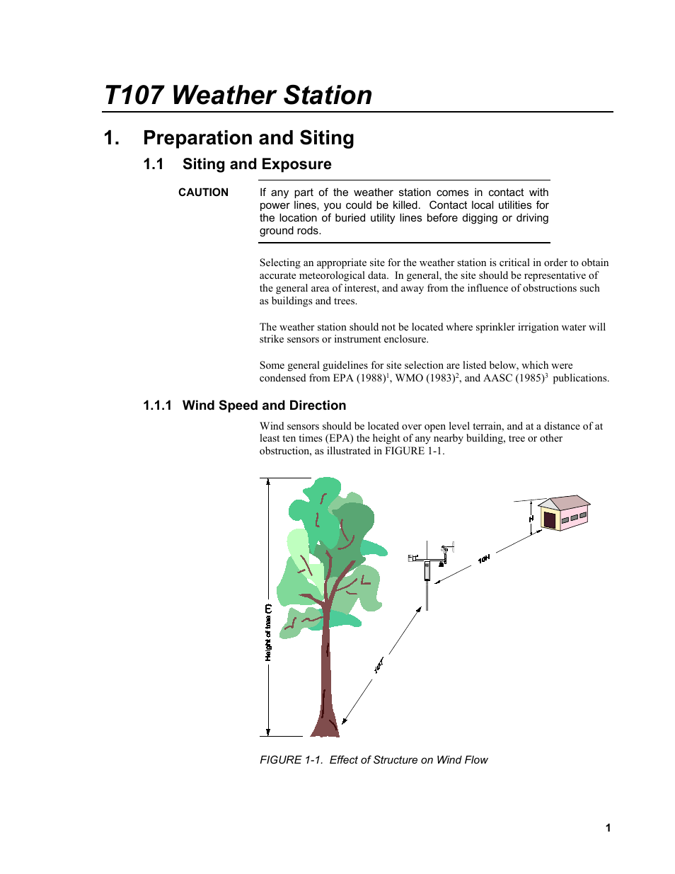 Preparation and siting, 1 siting and exposure, 1 wind speed and direction | Siting and exposure, Wind speed and direction, 1. effect of structure on wind flow, T107 weather station | Campbell Scientific T.Weather T107 Toro Weather Station User Manual | Page 9 / 106