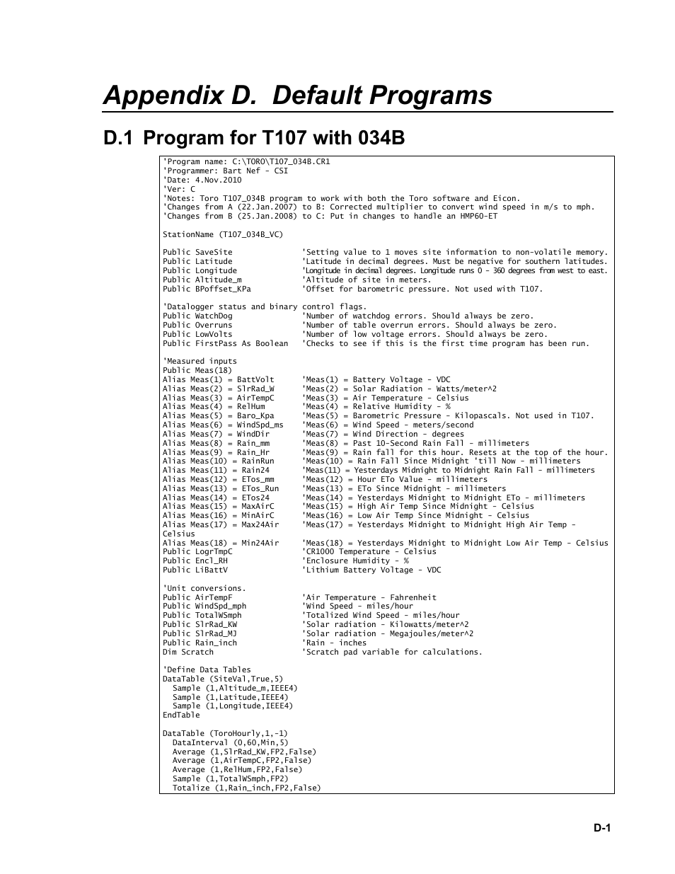 Appendix d. default programs, D.1 program for t107 with 034b | Campbell Scientific T.Weather T107 Toro Weather Station User Manual | Page 95 / 106