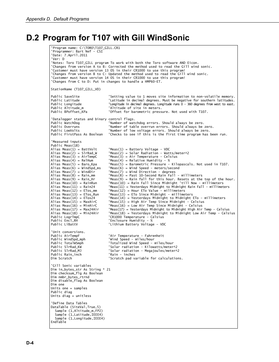 D.2 program for t107 with gill windsonic, Appendix d. default programs | Campbell Scientific T.Weather T107 Toro Weather Station User Manual | Page 98 / 106