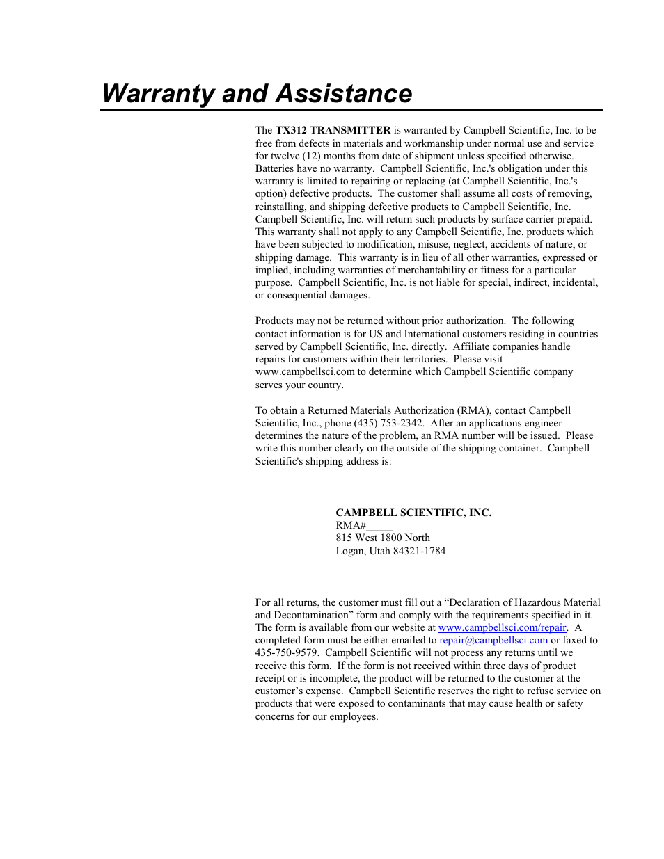 Warranty and assistance | Campbell Scientific TX312 High Data Rate GOES Transmitter User Manual | Page 2 / 96