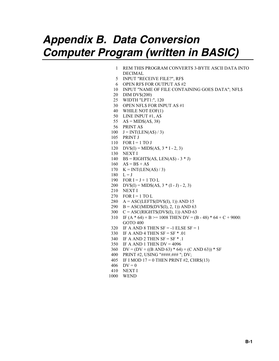 Appendix b. data conversion computer program | Campbell Scientific TX312 High Data Rate GOES Transmitter User Manual | Page 45 / 96