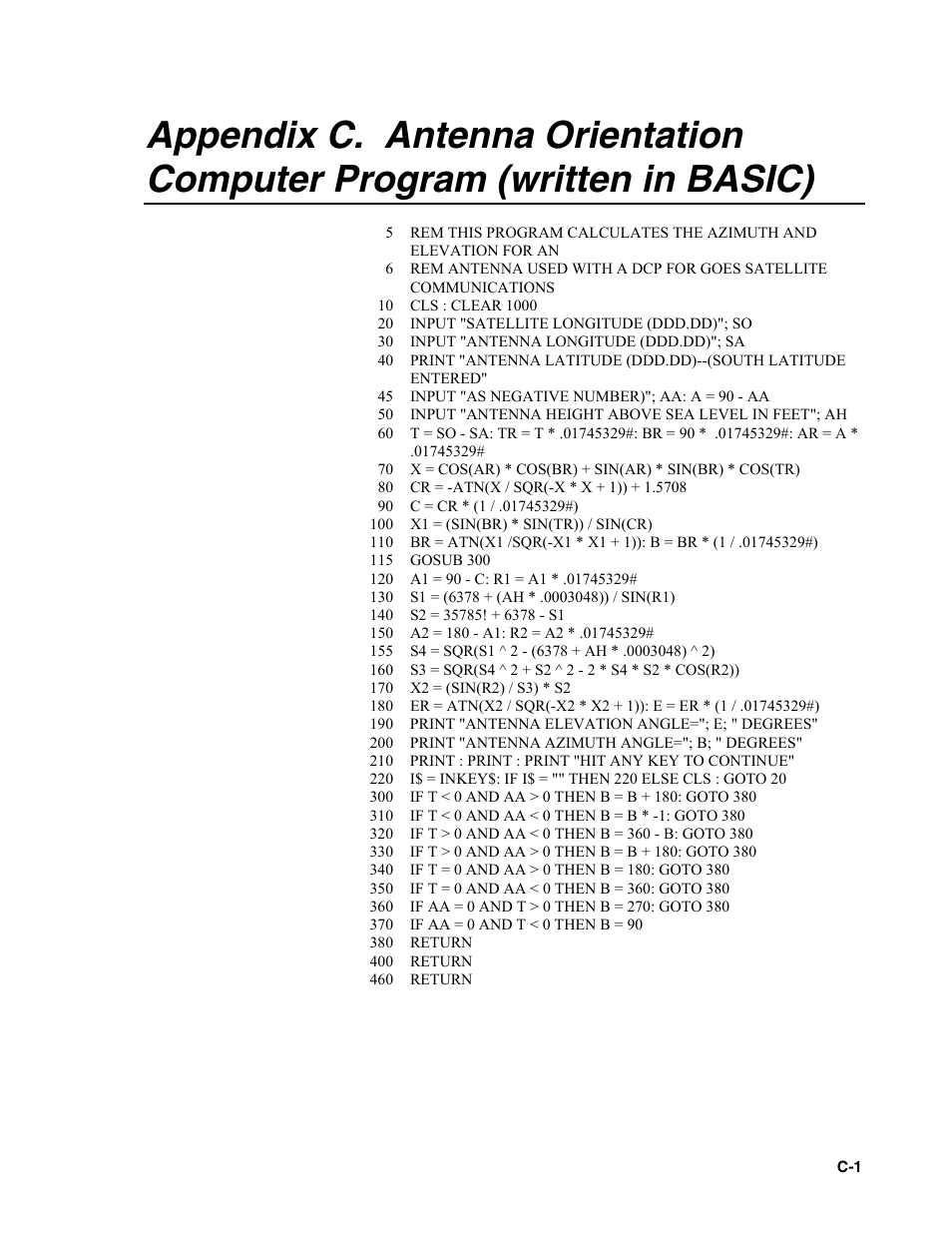 Appendix c. antenna orientation computer program | Campbell Scientific TX312 High Data Rate GOES Transmitter User Manual | Page 47 / 96