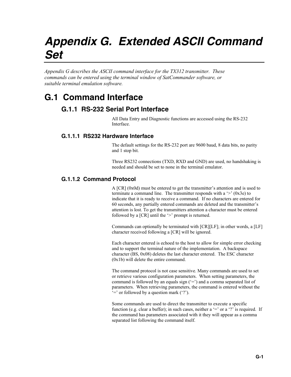 Appendix g. extended ascii command set, G.1 command interface, G.1.1 rs-232 serial port interface | G.1.1.1 rs232 hardware interface, G.1.1.2 command protocol | Campbell Scientific TX312 High Data Rate GOES Transmitter User Manual | Page 73 / 96