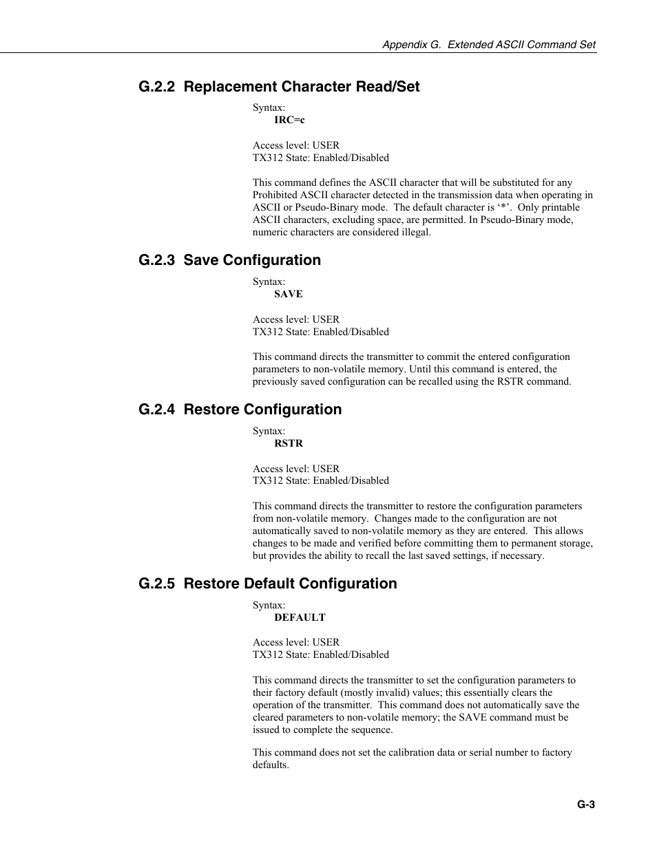 G.2.2 replacement character read/set, G.2.3 save configuration, G.2.4 restore configuration | G.2.5 restore default configuration | Campbell Scientific TX312 High Data Rate GOES Transmitter User Manual | Page 75 / 96