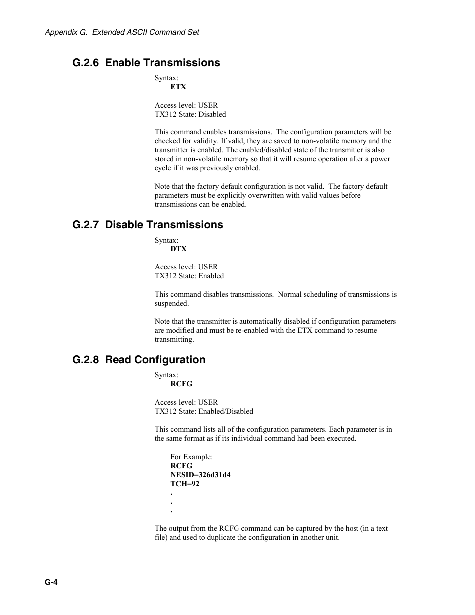 G.2.6 enable transmissions, G.2.7 disable transmissions, G.2.8 read configuration | Campbell Scientific TX312 High Data Rate GOES Transmitter User Manual | Page 76 / 96