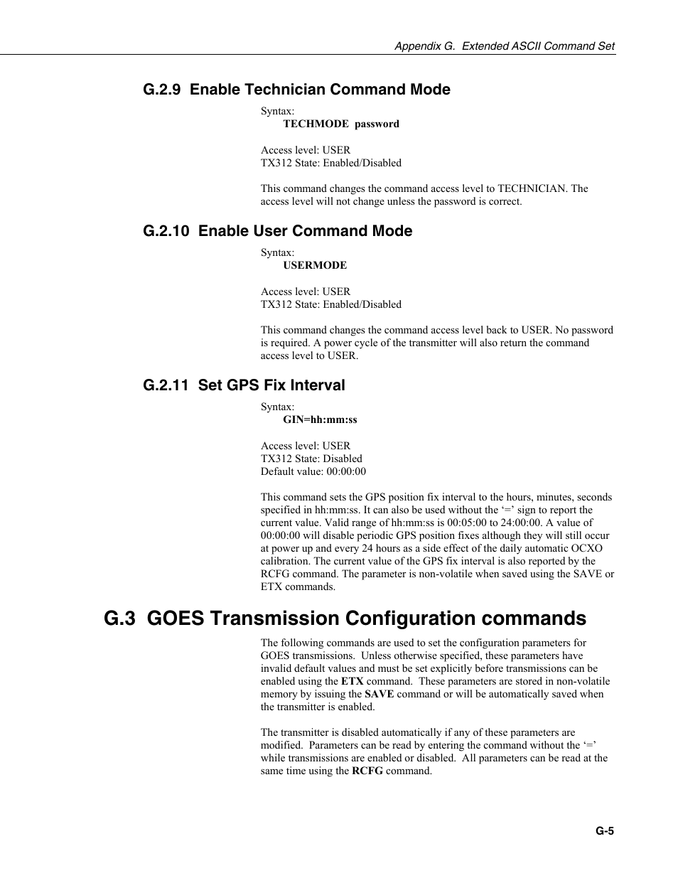 G.2.9 enable technician command mode, G.2.10 enable user command mode, G.2.11 set gps fix interval | G.3 goes transmission configuration commands | Campbell Scientific TX312 High Data Rate GOES Transmitter User Manual | Page 77 / 96