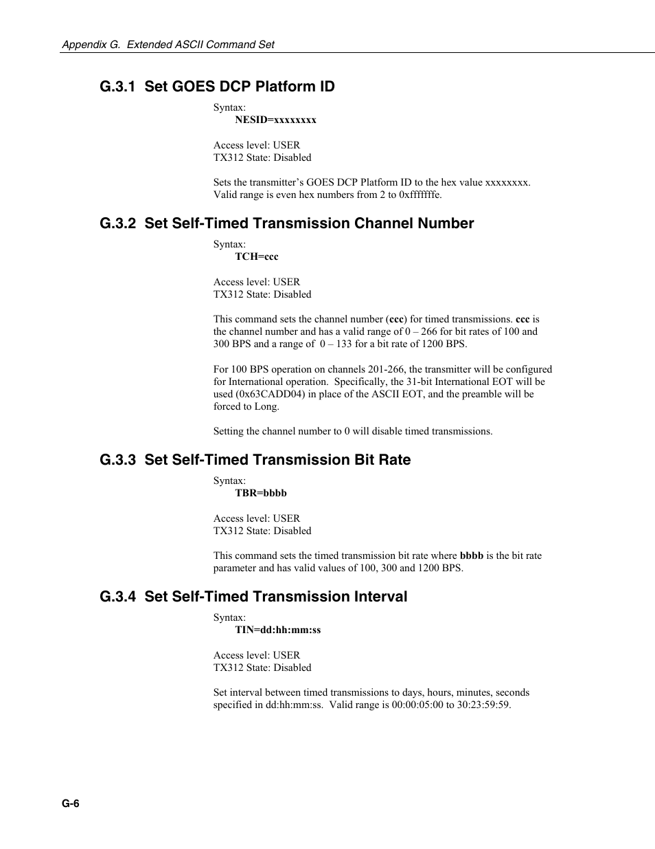 G.3.1 set goes dcp platform id, G.3.2 set self-timed transmission channel number, G.3.3 set self-timed transmission bit rate | G.3.4 set self-timed transmission interval | Campbell Scientific TX312 High Data Rate GOES Transmitter User Manual | Page 78 / 96
