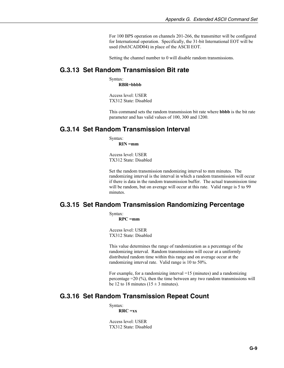 G.3.13 set random transmission bit rate, G.3.14 set random transmission interval, G.3.16 set random transmission repeat count | Campbell Scientific TX312 High Data Rate GOES Transmitter User Manual | Page 81 / 96