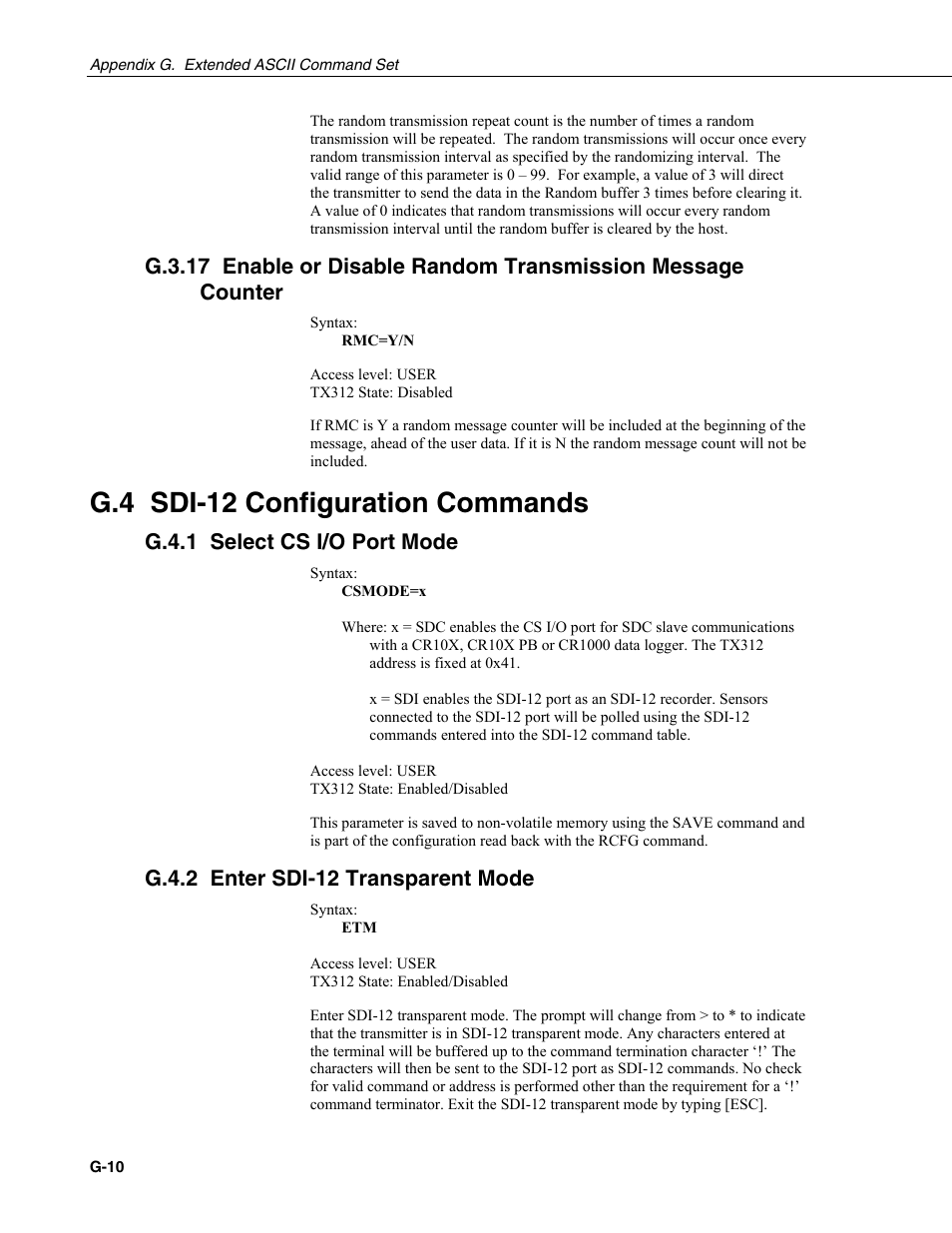 G.4 sdi-12 configuration commands, G.4.1 select cs i/o port mode, G.4.2 enter sdi-12 transparent mode | Campbell Scientific TX312 High Data Rate GOES Transmitter User Manual | Page 82 / 96