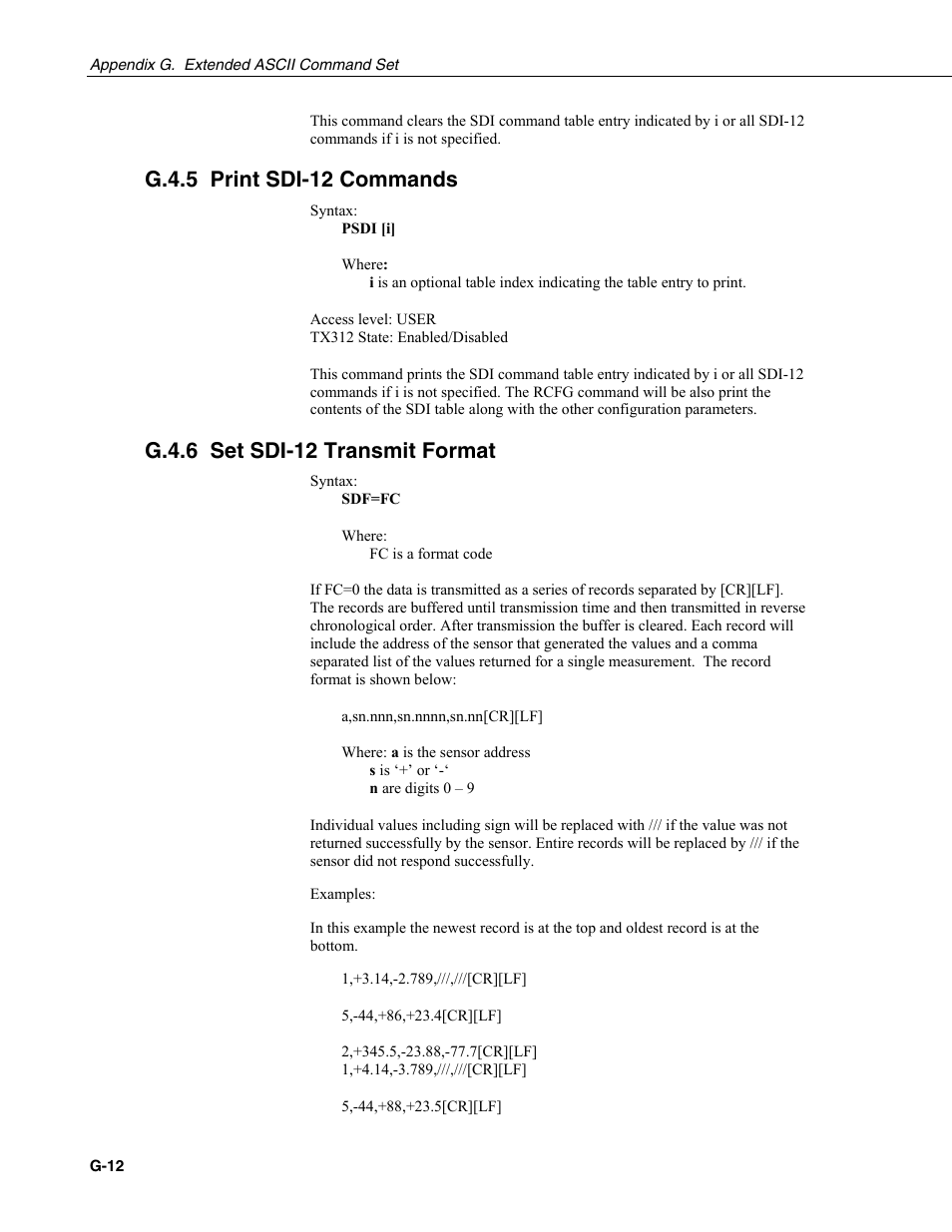 G.4.5 print sdi-12 commands, G.4.6 set sdi-12 transmit format | Campbell Scientific TX312 High Data Rate GOES Transmitter User Manual | Page 84 / 96