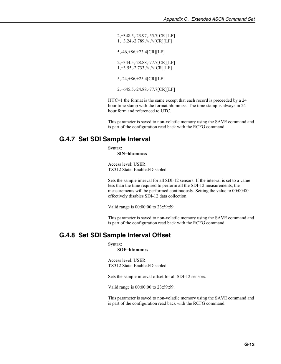 G.4.7 set sdi sample interval, G.4.8 set sdi sample interval offset | Campbell Scientific TX312 High Data Rate GOES Transmitter User Manual | Page 85 / 96