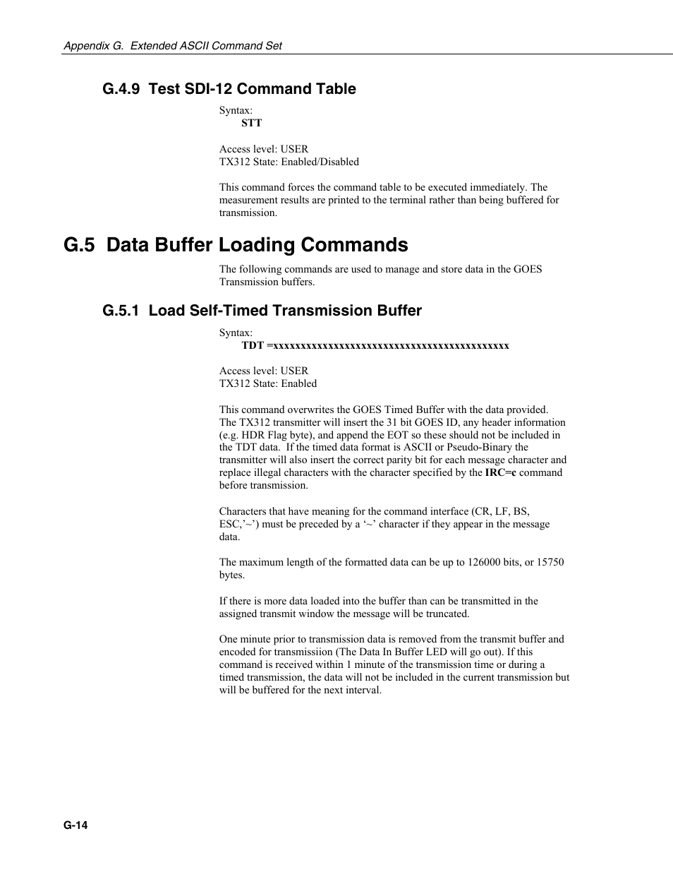 G.4.9 test sdi-12 command table, G.5 data buffer loading commands, G.5.1 load self-timed transmission buffer | Campbell Scientific TX312 High Data Rate GOES Transmitter User Manual | Page 86 / 96