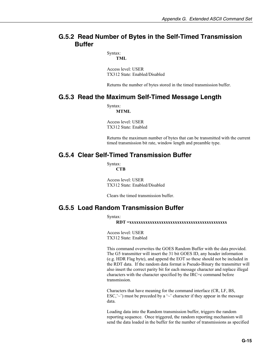 G.5.3 read the maximum self-timed message length, G.5.4 clear self-timed transmission buffer, G.5.5 load random transmission buffer | Campbell Scientific TX312 High Data Rate GOES Transmitter User Manual | Page 87 / 96