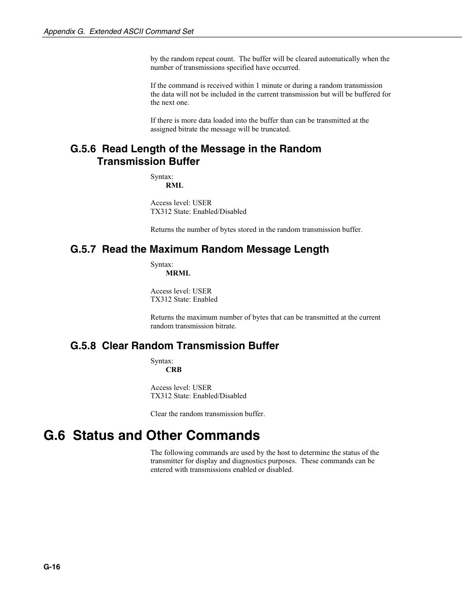 G.5.7 read the maximum random message length, G.5.8 clear random transmission buffer, G.6 status and other commands | Campbell Scientific TX312 High Data Rate GOES Transmitter User Manual | Page 88 / 96