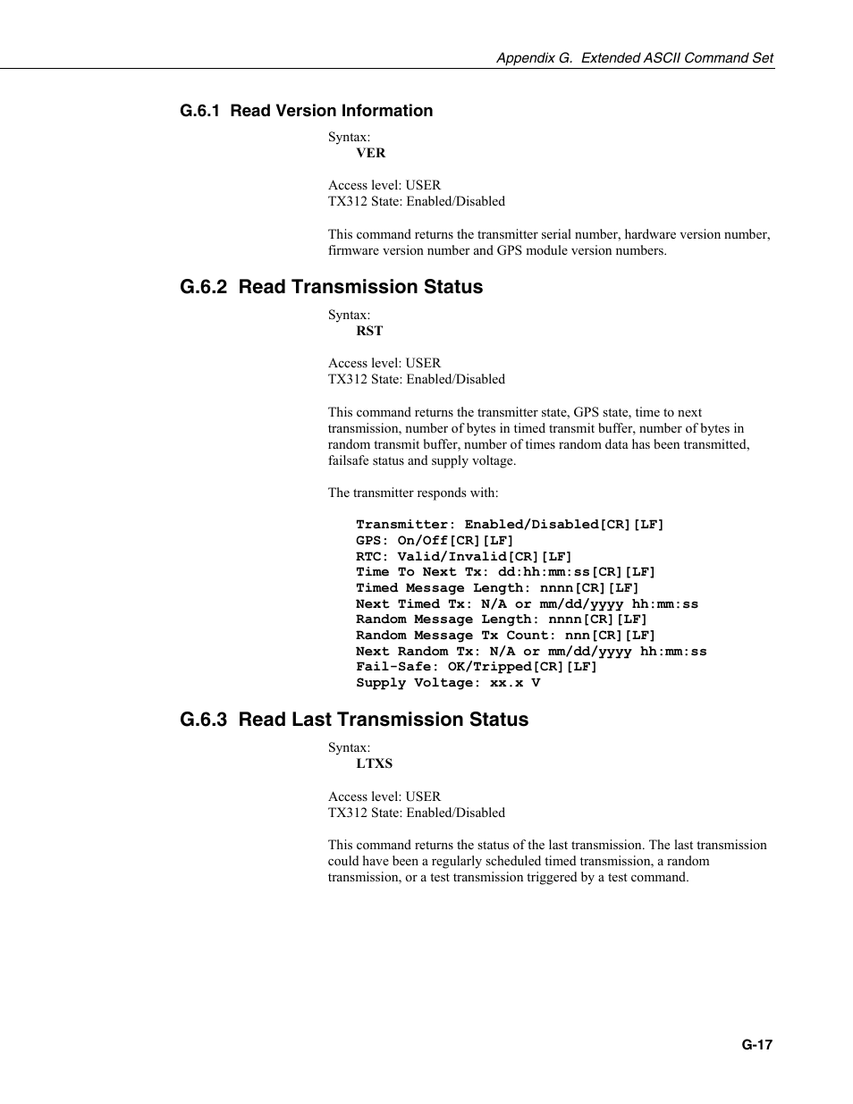 G.6.1 read version information, G.6.2 read transmission status, G.6.3 read last transmission status | Campbell Scientific TX312 High Data Rate GOES Transmitter User Manual | Page 89 / 96