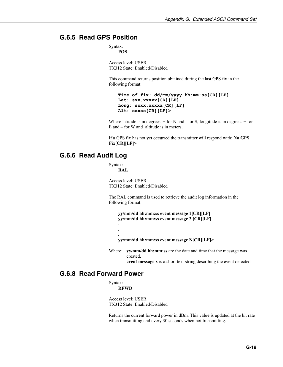 G.6.5 read gps position, G.6.6 read audit log, G.6.8 read forward power | Campbell Scientific TX312 High Data Rate GOES Transmitter User Manual | Page 91 / 96